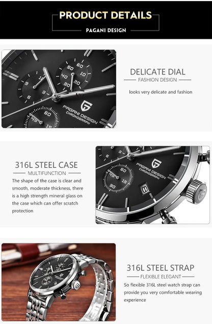 PAGANI DESIGN 2720 Men’s Sports Chronograph Watch – Quartz Business & Fashion Leather Strap Wristwatch