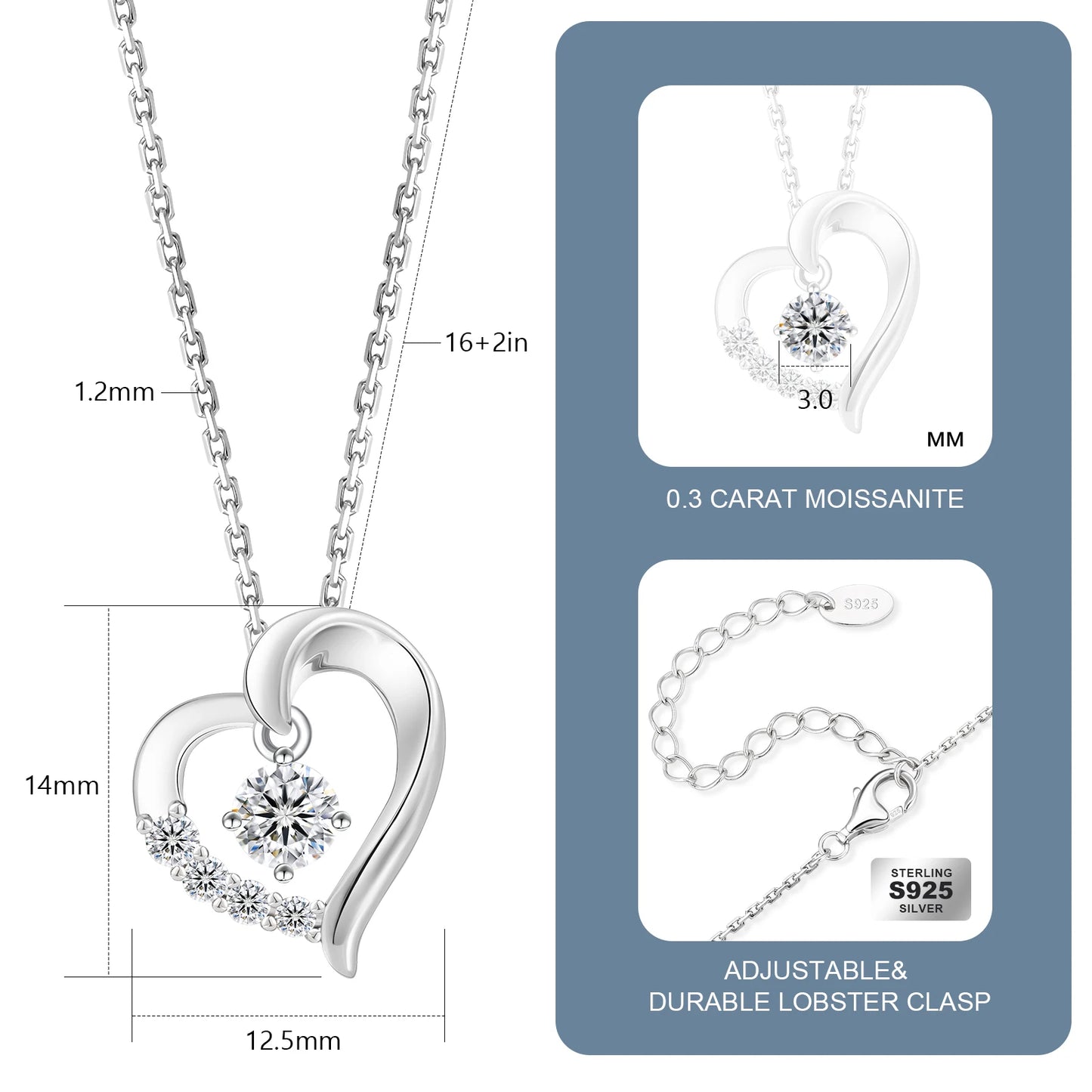 Valentine’s Day Heart Charm Necklace for Women – 925 Sterling Silver “I Love You” Pendant with Moissanite Diamond, Gift Jewelry for Birthday & Anniversary