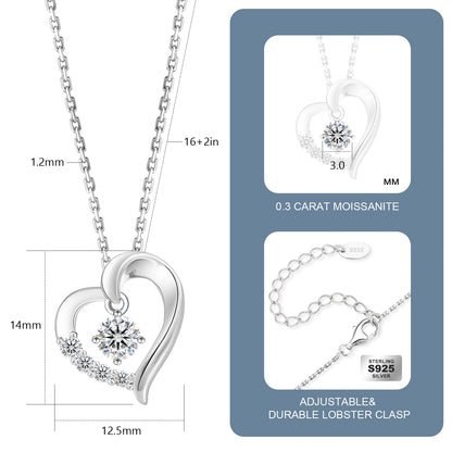 Valentine’s Day Heart Charm Necklace for Women – 925 Sterling Silver “I Love You” Pendant with Moissanite Diamond, Gift Jewelry for Birthday & Anniversary
