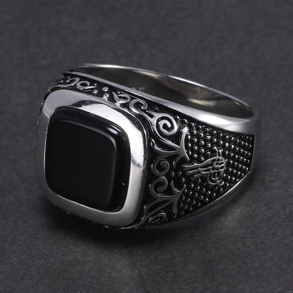 Vintage Punk 925 Sterling Silver Ottoman Tugra Men’s Ring – Square Black Stone, Engraved Retro Floral Design