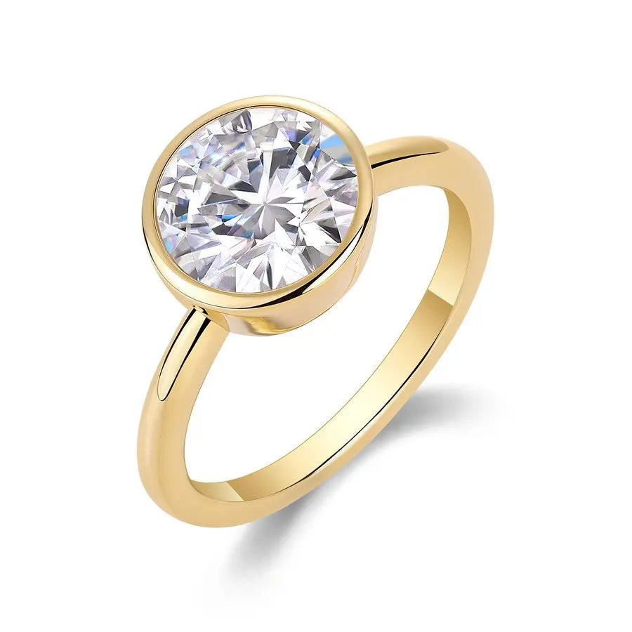 3CT Round Cut Moissanite Engagement Ring – Bezel Set 18K Gold Plated 925 Sterling Silver Gift for Her
