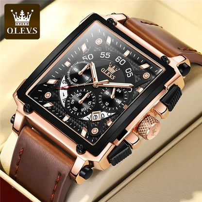 OLEVS 9919 Men’s Square Quartz Watch – Waterproof Leather Strap, Sport Luxury Wristwatch for Men