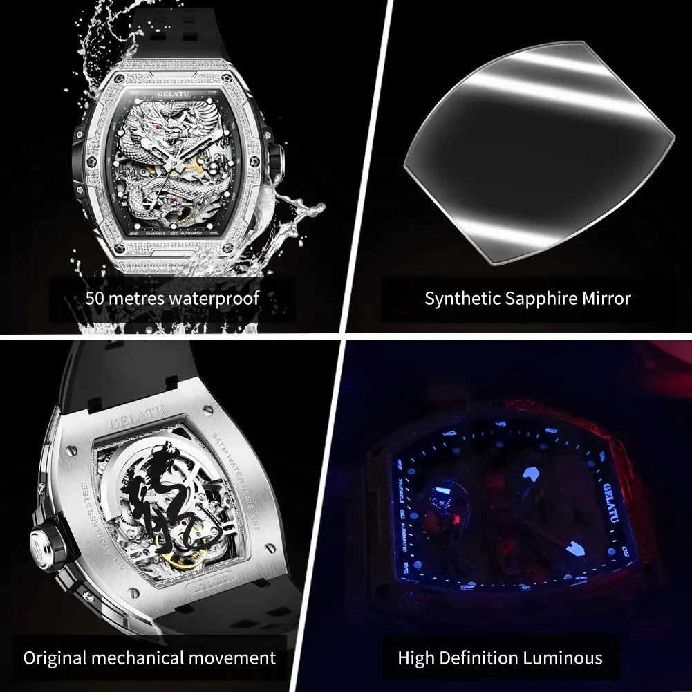 Gelatu 6021 Men’s Automatic Mechanical Watch – Hollow Dragon Skeleton Dial, Diamond-Accented Case, Waterproof Silicone Strap Eddard
