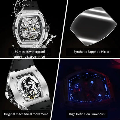 Gelatu 6021 Men’s Automatic Mechanical Watch – Hollow Dragon Skeleton Dial, Diamond-Accented Case, Waterproof Silicone Strap Eddard