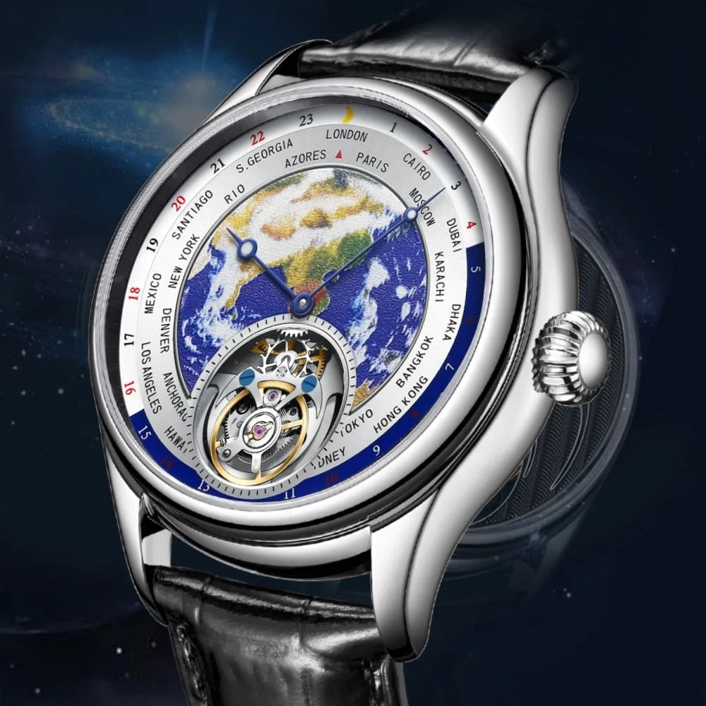 AESOP 7051 Luxury Men's Skeleton Tourbillon Watch – Earth Dial, Automatic Mechanical, Sapphire Crystal, Stainless Steel Case, Leather Strap