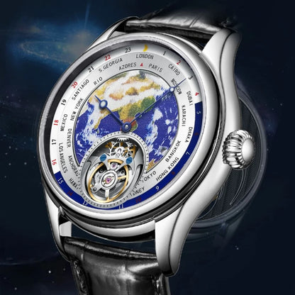 AESOP 7051 Luxury Men's Skeleton Tourbillon Watch – Earth Dial, Automatic Mechanical, Sapphire Crystal, Stainless Steel Case, Leather Strap