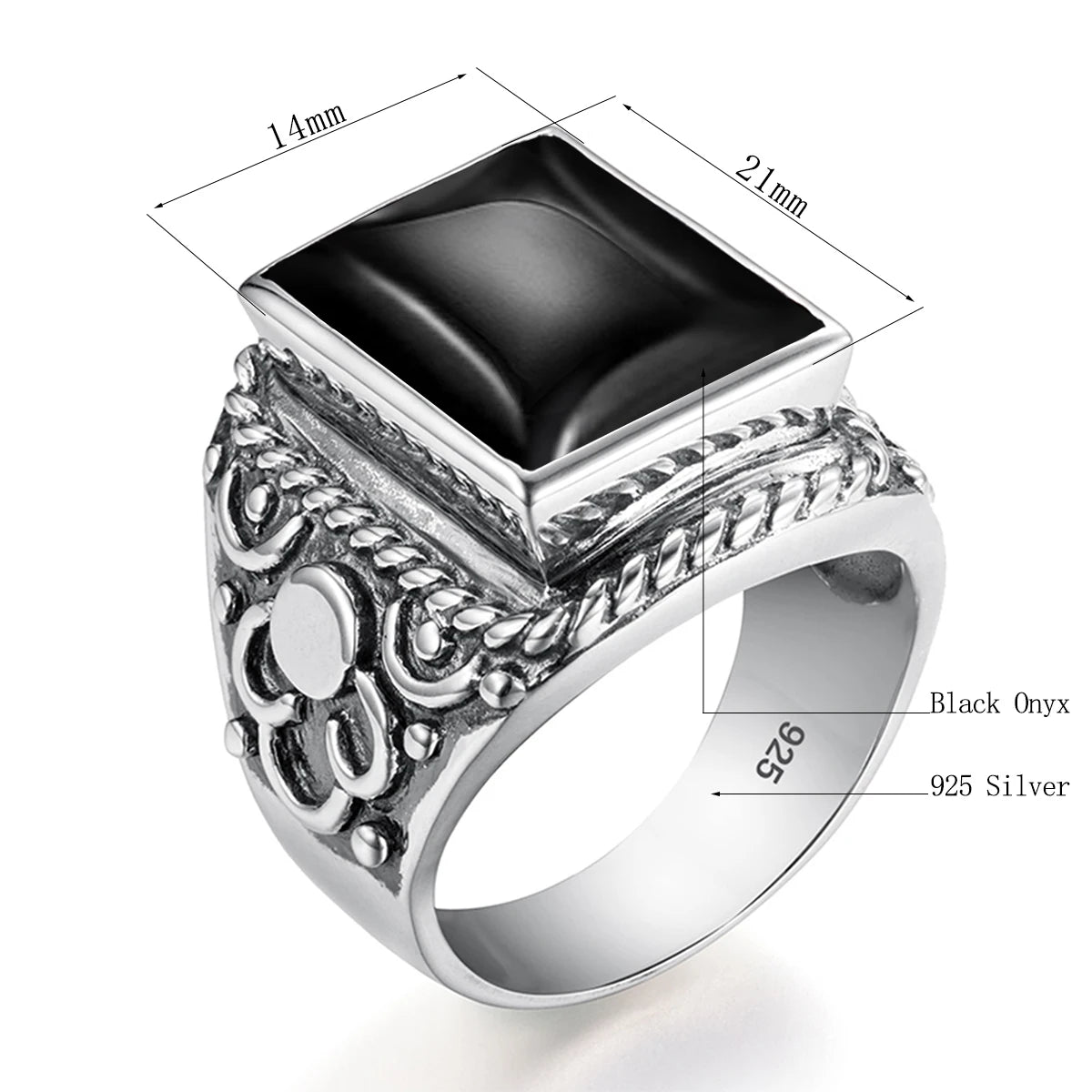 Vintage Filigree 925 Sterling Silver Men’s Ring – Turkish Black Agate Gemstone, Rhodium Plated Floral Design Andreas
