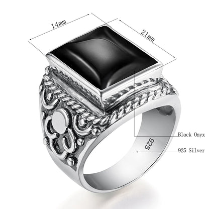 Vintage Filigree 925 Sterling Silver Men’s Ring – Turkish Black Agate Gemstone, Rhodium Plated Floral Design Andreas