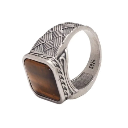 Men’s 925 Sterling Silver Ring with Natural Tiger Eye Agate – Antique Vintage Style
