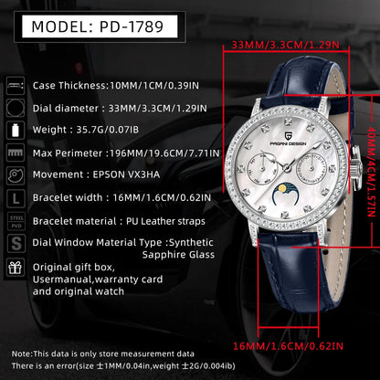 PAGANI DESIGN 1789 Women's Luxury Quartz Watch - Moon Phase, Calendar, Leather Strap, Elegant Fashion Reloj Mujer