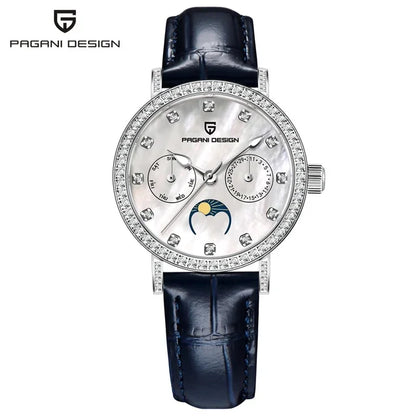 PAGANI DESIGN 1789 Women's Luxury Quartz Watch - Moon Phase, Calendar, Leather Strap, Elegant Fashion Reloj Mujer