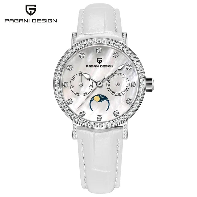 PAGANI DESIGN 1789 Women's Luxury Quartz Watch - Moon Phase, Calendar, Leather Strap, Elegant Fashion Reloj Mujer