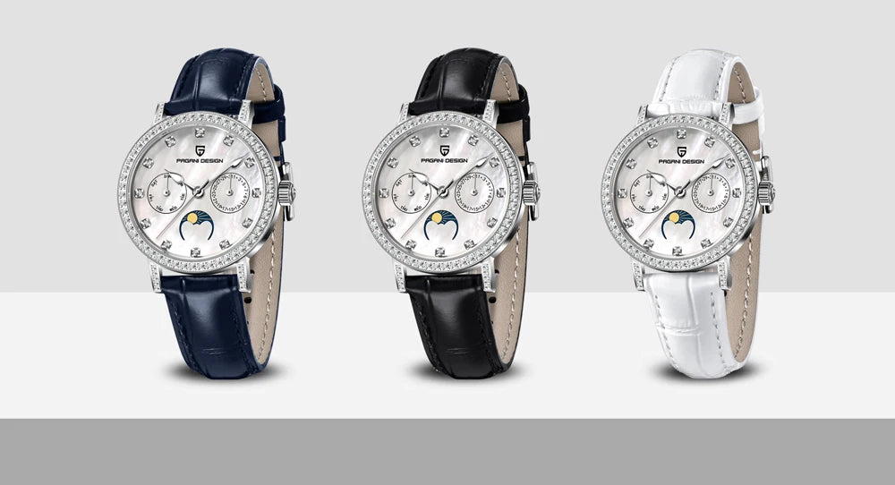 PAGANI DESIGN 1789 Women's Luxury Quartz Watch - Moon Phase, Calendar, Leather Strap, Elegant Fashion Reloj Mujer