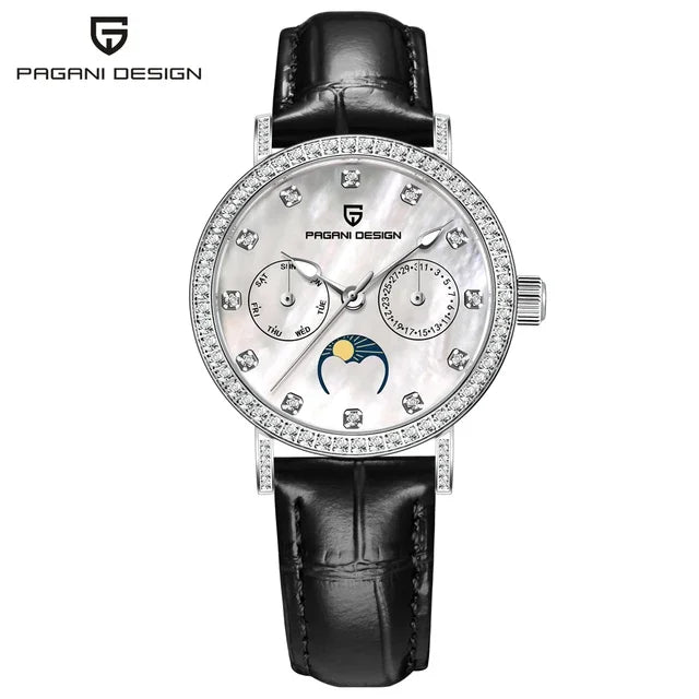 PAGANI DESIGN 1789 Women's Luxury Quartz Watch - Moon Phase, Calendar, Leather Strap, Elegant Fashion Reloj Mujer