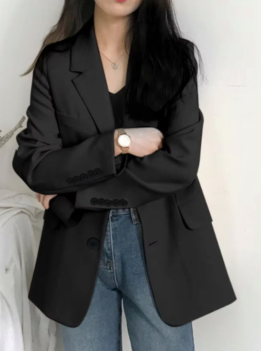 Women's Solid Long Sleeve Blazer with Pockets - Loose Fit Office Jacket