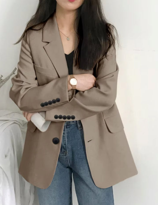 Women's Solid Long Sleeve Blazer with Pockets - Loose Fit Office Jacket