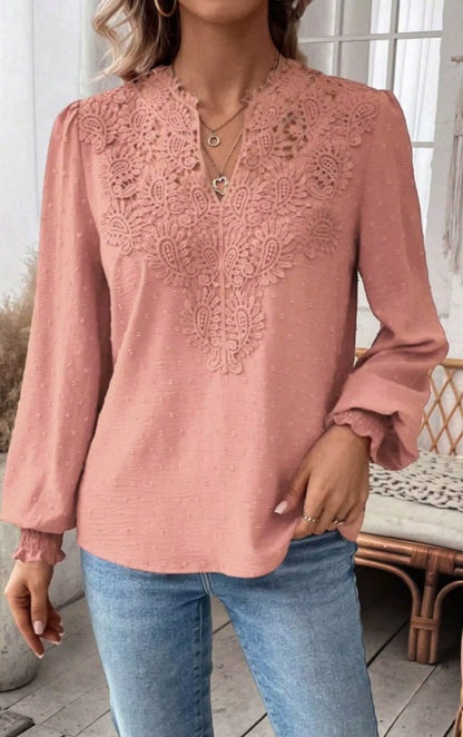Women Spring Summer V-neck Bubble Sleeve Lace Long Sleeve Blouse Casual Shirt