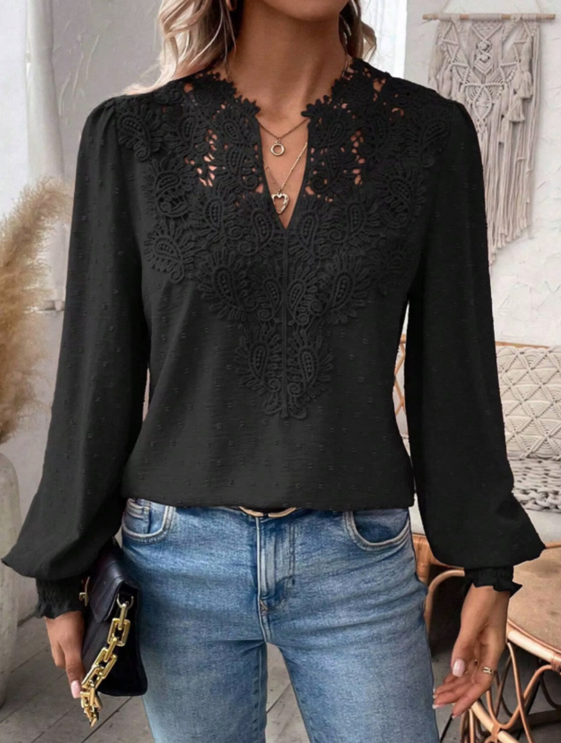 Women Spring Summer V-neck Bubble Sleeve Lace Long Sleeve Blouse Casual Shirt