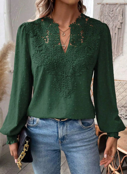 Women Spring Summer V-neck Bubble Sleeve Lace Long Sleeve Blouse Casual Shirt