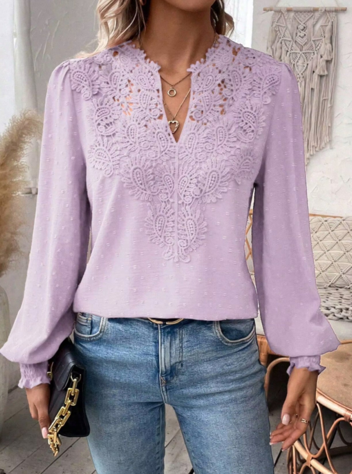 Women Spring Summer V-neck Bubble Sleeve Lace Long Sleeve Blouse Casual Shirt