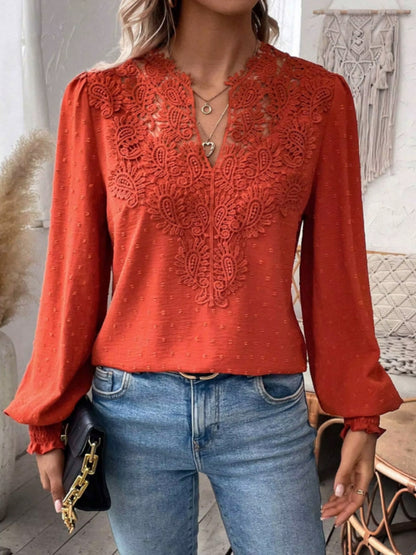 Women Spring Summer V-neck Bubble Sleeve Lace Long Sleeve Blouse Casual Shirt