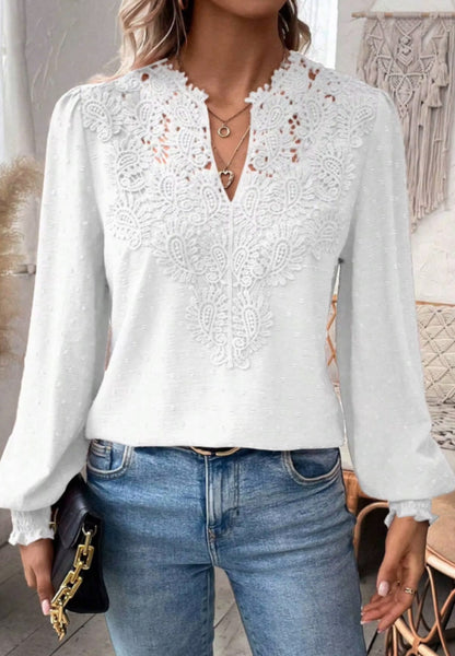Women Spring Summer V-neck Bubble Sleeve Lace Long Sleeve Blouse Casual Shirt