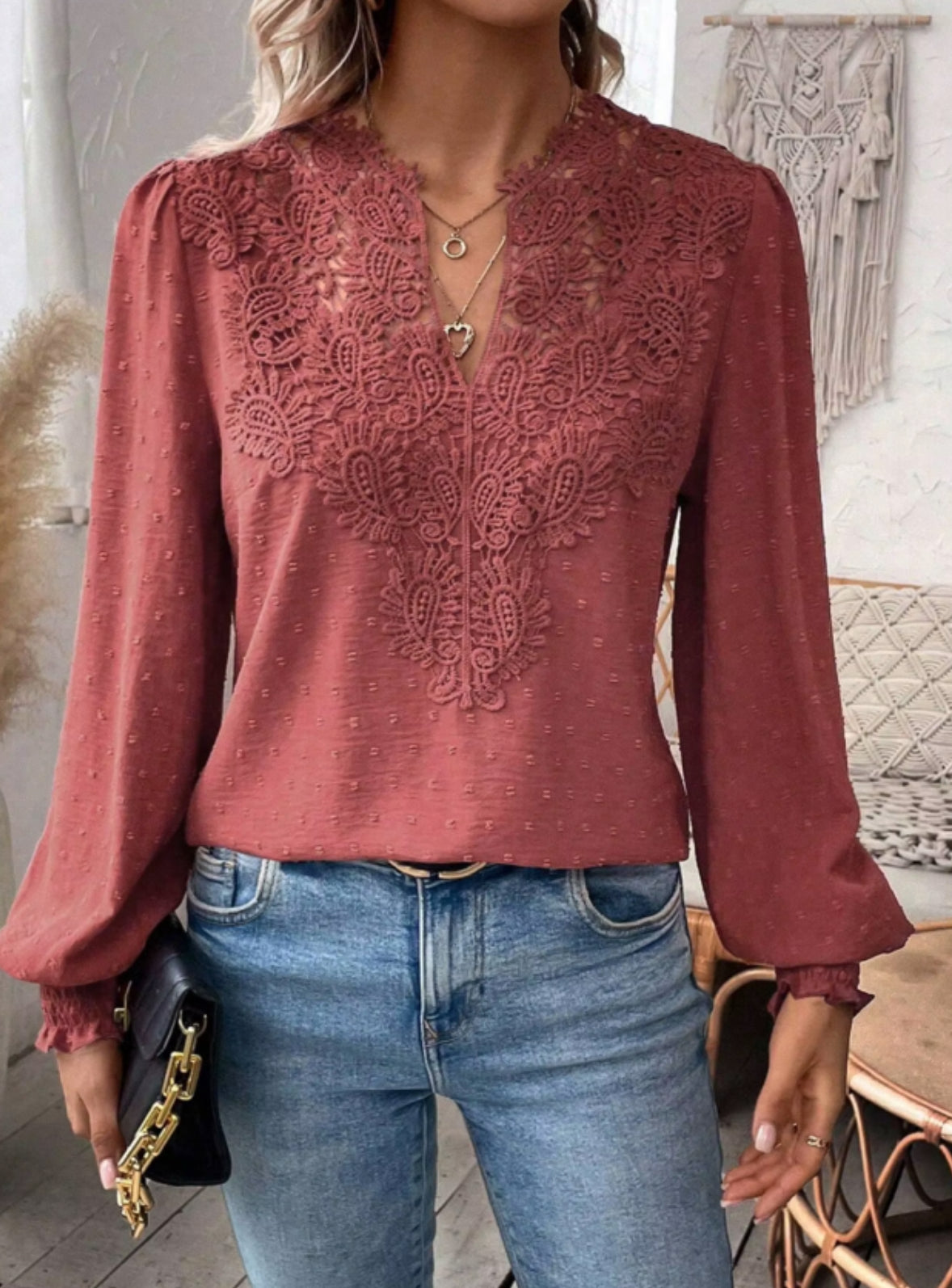 Women Spring Summer V-neck Bubble Sleeve Lace Long Sleeve Blouse Casual Shirt