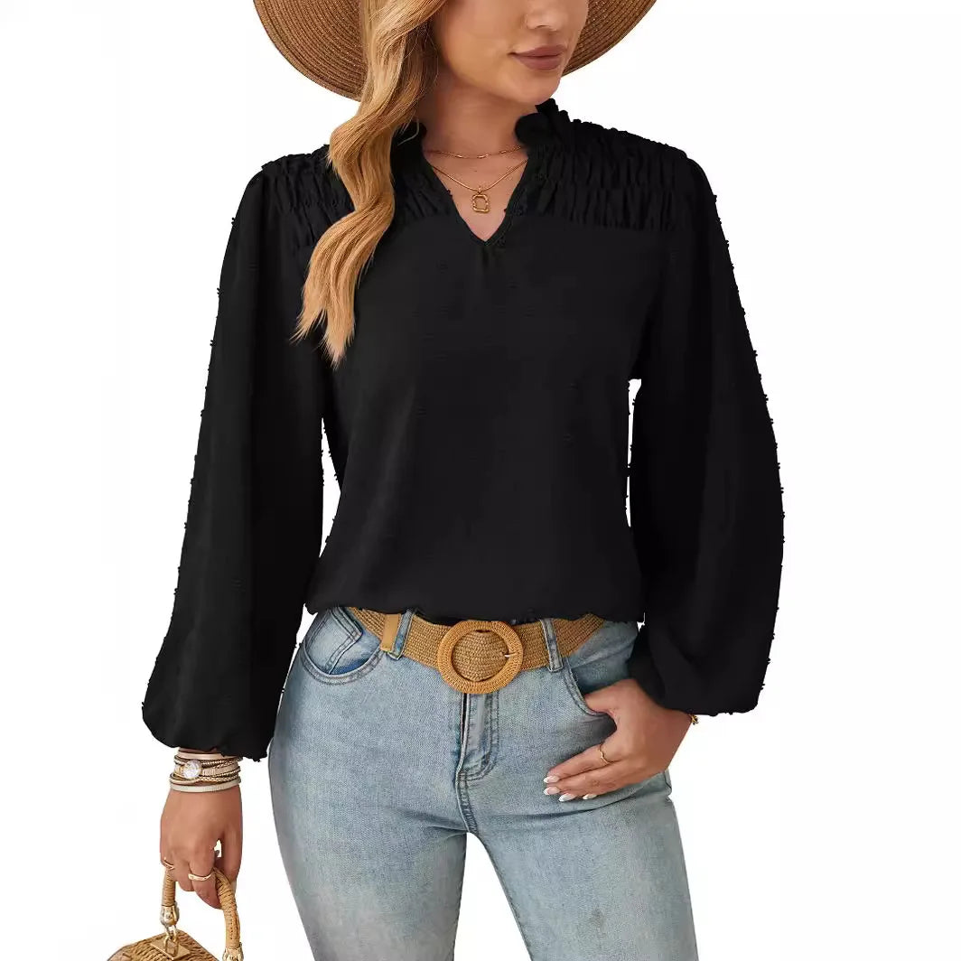 Women's Long Sleeve Chiffon Blouse – Pleated Woven Jacquard Shirt