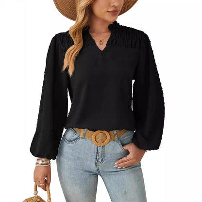 Women's Long Sleeve Chiffon Blouse – Pleated Woven Jacquard Shirt