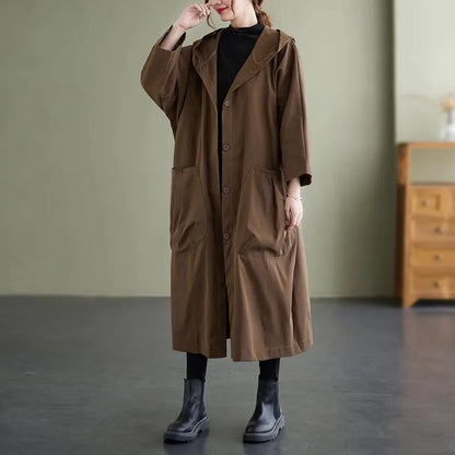 Casual Hooded Women's Coat with Pockets – Loose-Fit Long Autumn Jacket Ruby