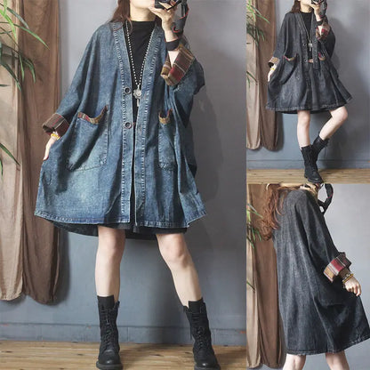 Vintage Casual Loose Denim Women's Coat with Pockets – Mid-Length V-Neck Jacket Maeve