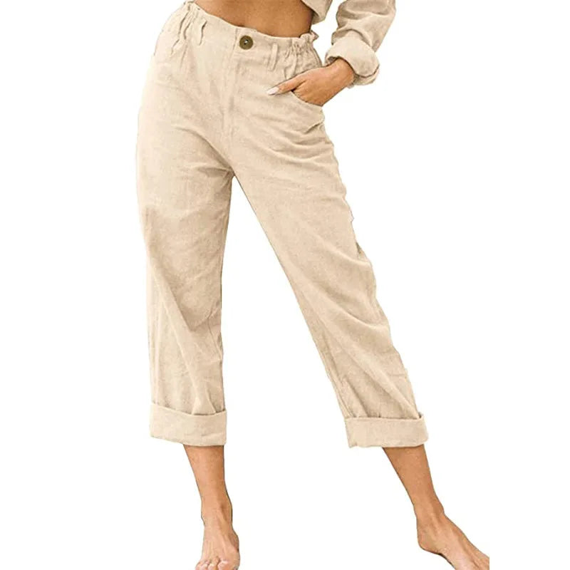 Summer High-Waist Cotton Linen Trousers | Loose Fit Casual Solid Color Pants for Women Trina