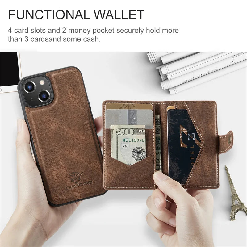 2-in-1 Detachable Magnetic Wallet Case | Retro PU Leather Phone Cover for iPhone 15, 14, 13, 12