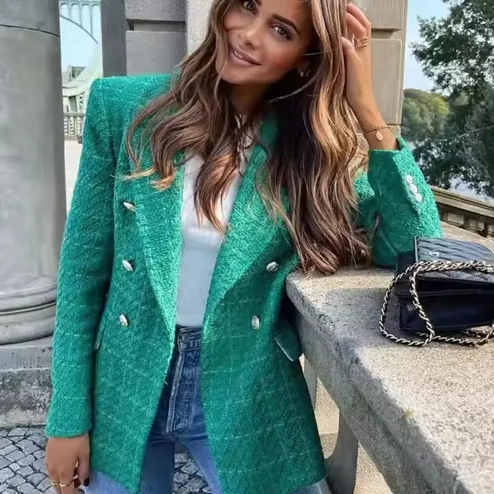 Women's Vintage Houndstooth Blazer Coat - Long Sleeve Double-Breasted Outerwear with Flap Pockets Constantia