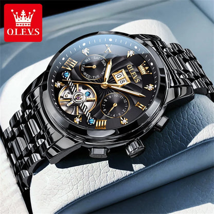 OLEVS 9910 Men's Luxury Tourbillon Watch - Automatic Mechanical, Stainless Steel Strap, Waterproof, Luminous Dial, Auto Date Display, Business Style