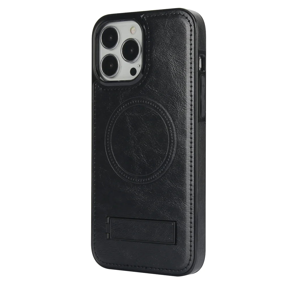 Luxury Leather Strong Magnetic Wireless Charging Mobile Case for iPhone 15 14 12 Pro Max Kickstand Phone Case