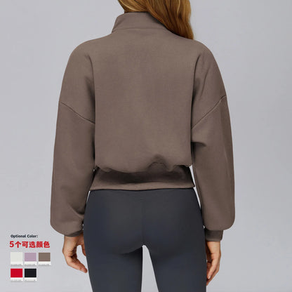 Women's Half-Zip Long Sleeve Fleece Jacket – Breathable, Stylish Crop Top for Yoga & Gym Russet