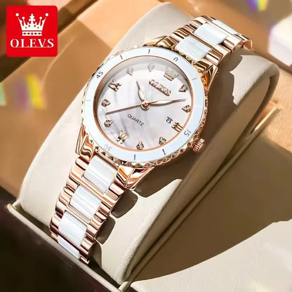 OLEVS 9985 Women’s Quartz Wristwatch – Original Brand Luxury Ceramic & Stainless Steel Waterproof Ladies Watch, Elegant Female Gift (Reloj / Montre Femme)