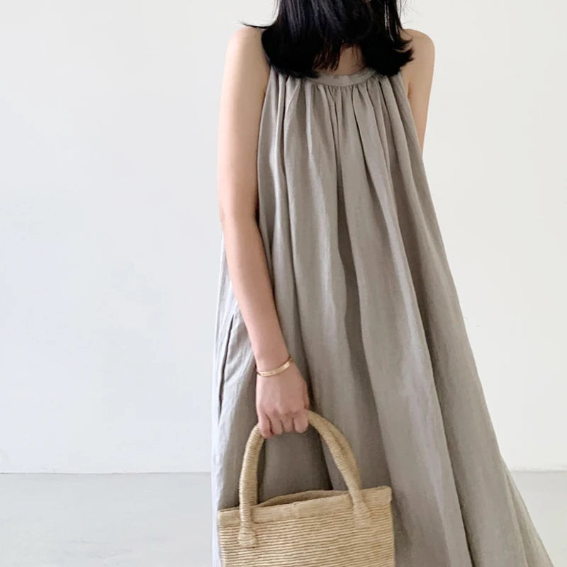 Summer Retro Cotton Linen A-Line Dress | Sleeveless Korean Style Casual Women's Fashion Lavender