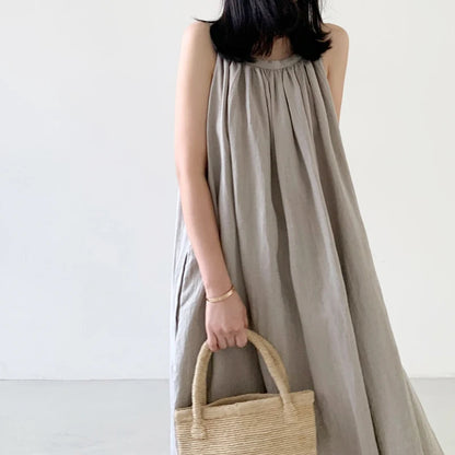 Summer Retro Cotton Linen A-Line Dress | Sleeveless Korean Style Casual Women's Fashion Lavender