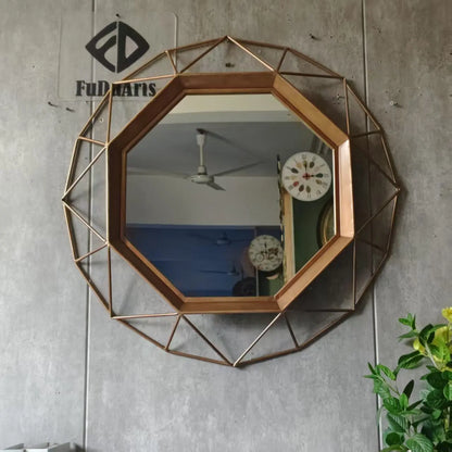 Large Octagonal Wrought Iron Wall Mirror – Metal Hanging Hook Decorative Art for Living Room and Home Decor