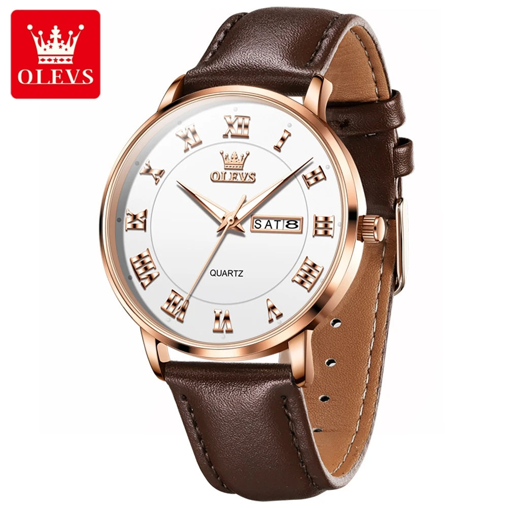 OLEVS 2920 Luxury Custom Logo Quartz Watch – Waterproof Genuine Leather Wristwatch with Luminous Design for Men