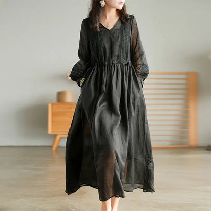 Women Casual Dress Long Sleeve Solid Color V Neck Midi Cotton Linen Dress Linen Dresses Women