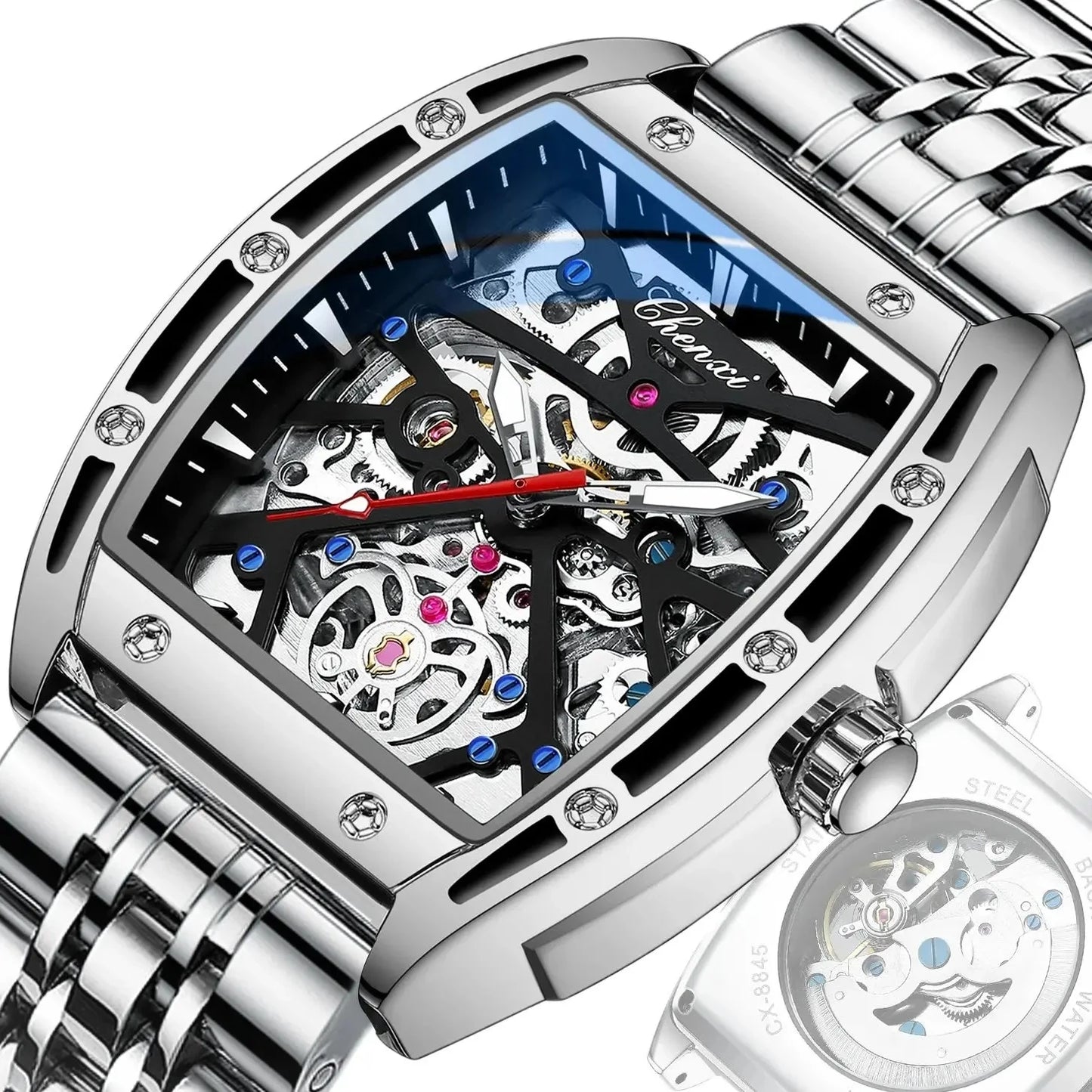 CHENXI 8885 Fully Hollow-Out Mechanical Watch – Men’s Stainless Steel Skeleton Automatic Business Watch, Waterproof
