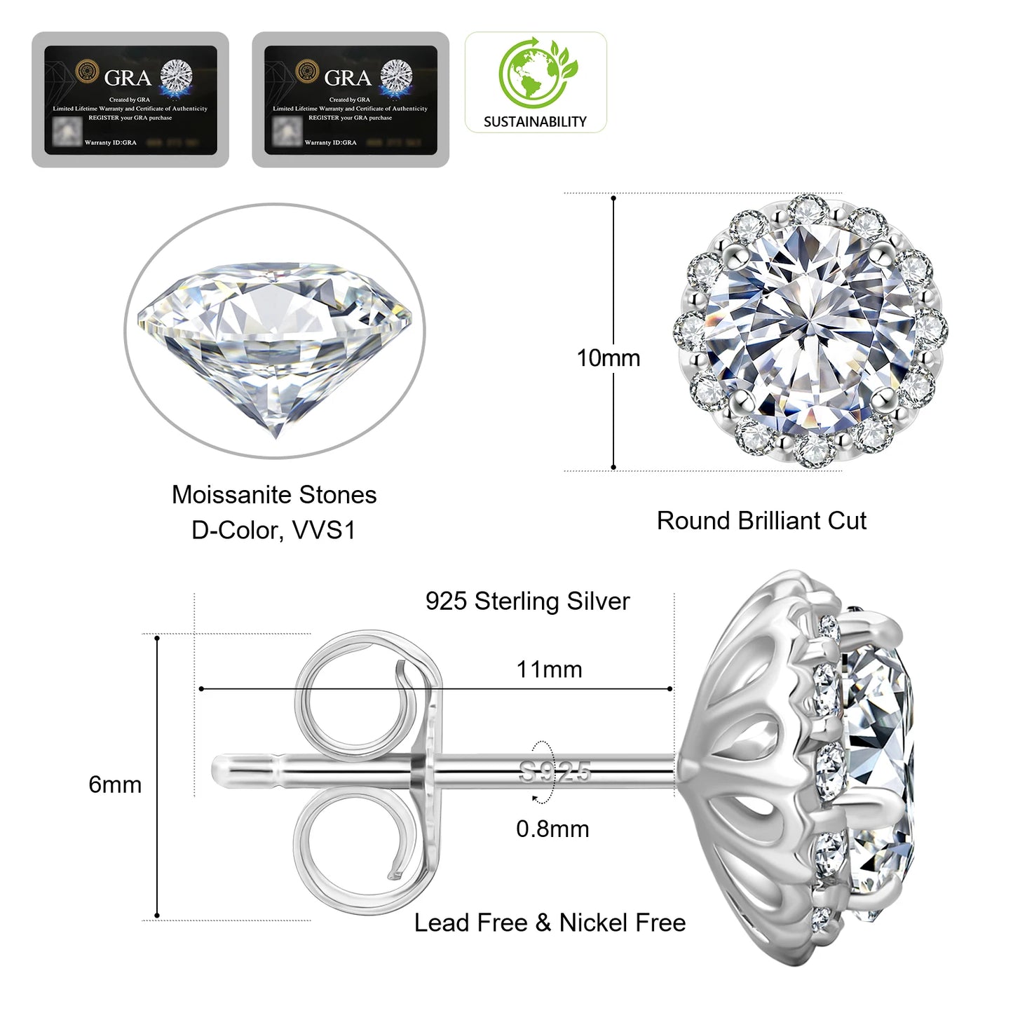 Moissanite Earrings and Pendant Necklace Jewelry Set – Gold-Plated Stud Earrings in 925 Sterling Silver for Women