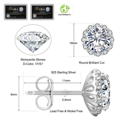 Moissanite Earrings and Pendant Necklace Jewelry Set – Gold-Plated Stud Earrings in 925 Sterling Silver for Women