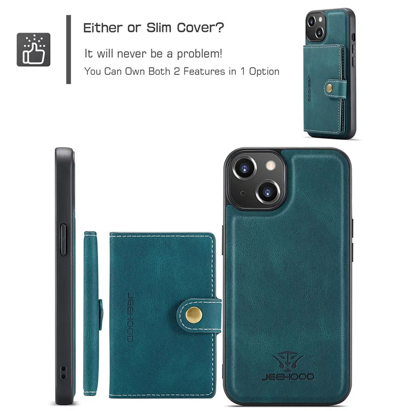 2-in-1 Detachable Magnetic Wallet Case | Retro PU Leather Phone Cover for iPhone 15, 14, 13, 12