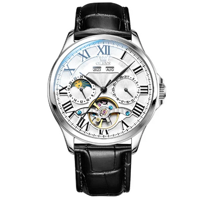 OLEVS 7013 Men's Moon Phase Mechanical Watch – Roman Scale, Hollow Flywheel, Waterproof Automatic Timepiece