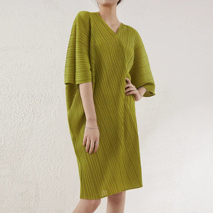 Summer Pleated V-Neck Dress | Miyake Style Mid-Length Loose Fit Plus Size Casual Women's Clothing Stella