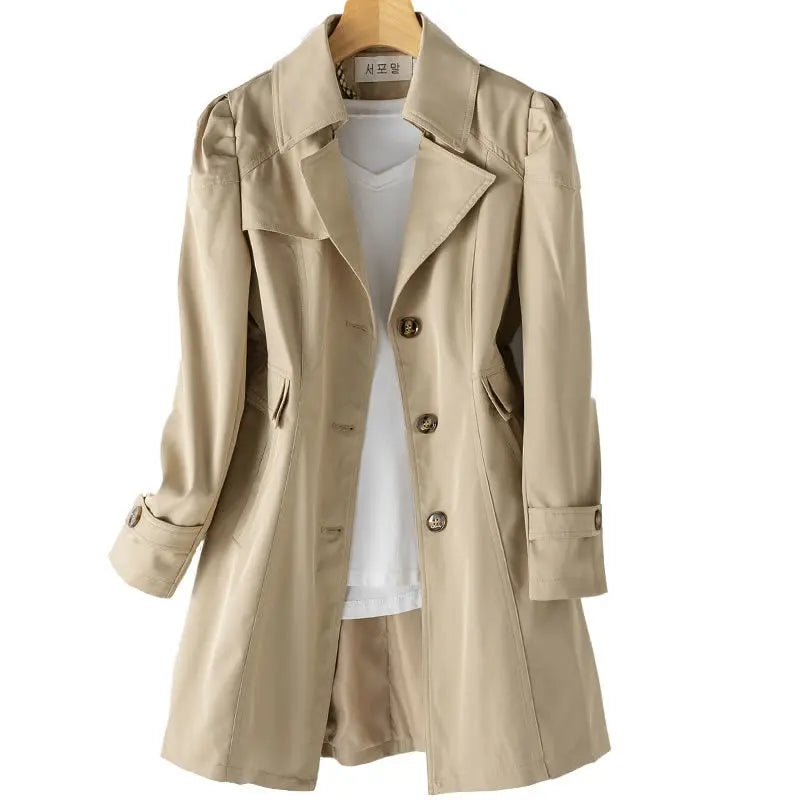 Women's Slim Fit Trench Coat - Solid Color Single-Breasted Medium-Length Jacket Carina